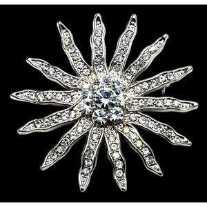 Vintage Clear Rhinestone Starburst Brooch Pin Silver Tone Costume Jewelry